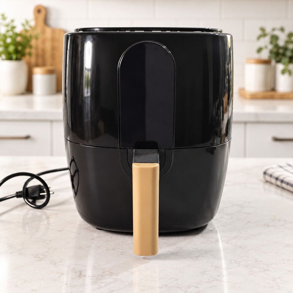 Black & Gold Compact Electric Air Fryer Removable Basket Countertop Kitchen...